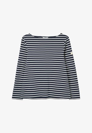 Navyblå og hvid langærmet skjorte med vandrette striber og rund halsudskæring, med et lille mærke på venstre ærme.