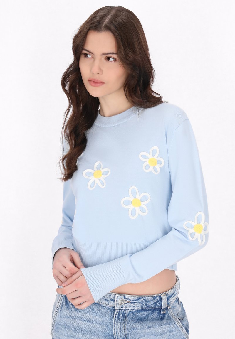 Maglione corto in blu chiaro realizzato in tessuto morbido, con applicazioni di margherite bianche e gialle sulla parte frontale e sulle maniche, dotato di polsini a costine.