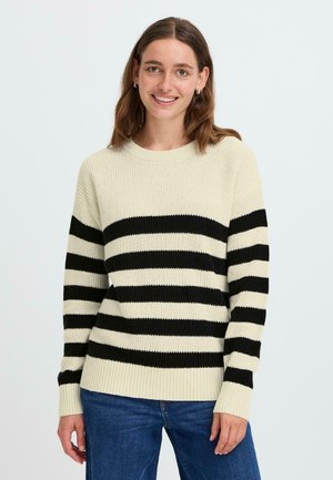 Cream sweater with black horizontal stripes, ribbed cuff and hem, round neckline, made of textured knit fabric. Casual fit.