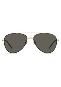 Ochelari de soare aviator cu accente aurii și lentile închise. Prezintă un cadru subțire din metal negru și pernee nazale ajustabile pentru confort.