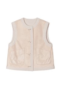 Helles rosa ärmelloses Vest aus einem weichen, strukturierten Stoff, mit einem cremefarbenen Besatz, zwei vorderen Taschen und Knopfverschlüssen.