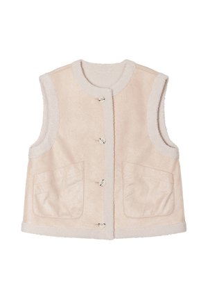 Gilet senza maniche di un delicato rosa pallido realizzato in un tessuto morbido e testurizzato, con bordi color crema, due tasche frontali e chiusure a bottone.