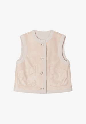 Helles rosa ärmelloses Vest aus einem weichen, strukturierten Stoff, mit einem cremefarbenen Besatz, zwei vorderen Taschen und Knopfverschlüssen.