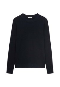 Suéter de punto acanalado azul marino con cuello redondo y mangas largas. Textura suave, puños ajustados y dobladillo inferior recto.