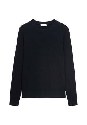 Suéter de punto acanalado azul marino con cuello redondo y mangas largas. Textura suave, puños ajustados y dobladillo inferior recto.