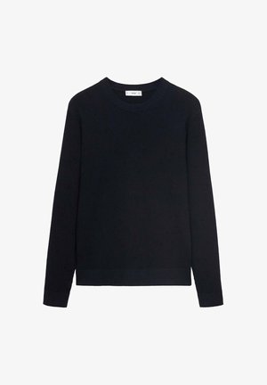 Námořnický modrý žebrovaný svetr s kulatým výstřihem a dlouhými rukávy. Hladká textura, vypasované manžety a rovný spodní lem.