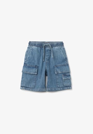 Pantaloni cargo in denim con elastico in vita, cordino, due grandi tasche laterali e un lavaggio azzurro chiaro.