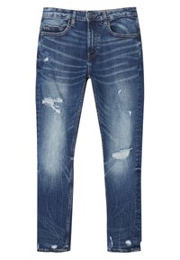 Ciemnoniebieskie dżinsy z denimu z efektem sprania, z przetarciami, pięcioma kieszeniami, prostymi nogawkami i subtelnymi przetarciami na kolanach.