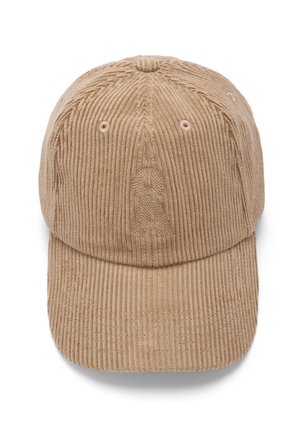 Tan corduroy pet met een gestructureerd oppervlak, gecentreerd logo en gestikte details. Voorzien van ventilatiegaatjes en een verstelbare band aan de achterkant.