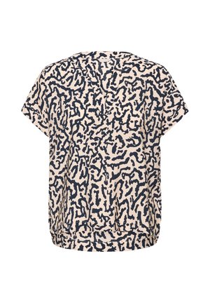 Kortærmet bluse i lys beige med et marineblåt abstrakt mønster, der har V-udskæring og en løs, afslappet pasform. Blødt stof.