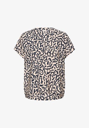 Lühikeste varrukatega pluus helesbeezis, millel on tumesinine abstraktne muster, V-kaelus ja lahti, mugav lõige. Pehme kangatekstuur.