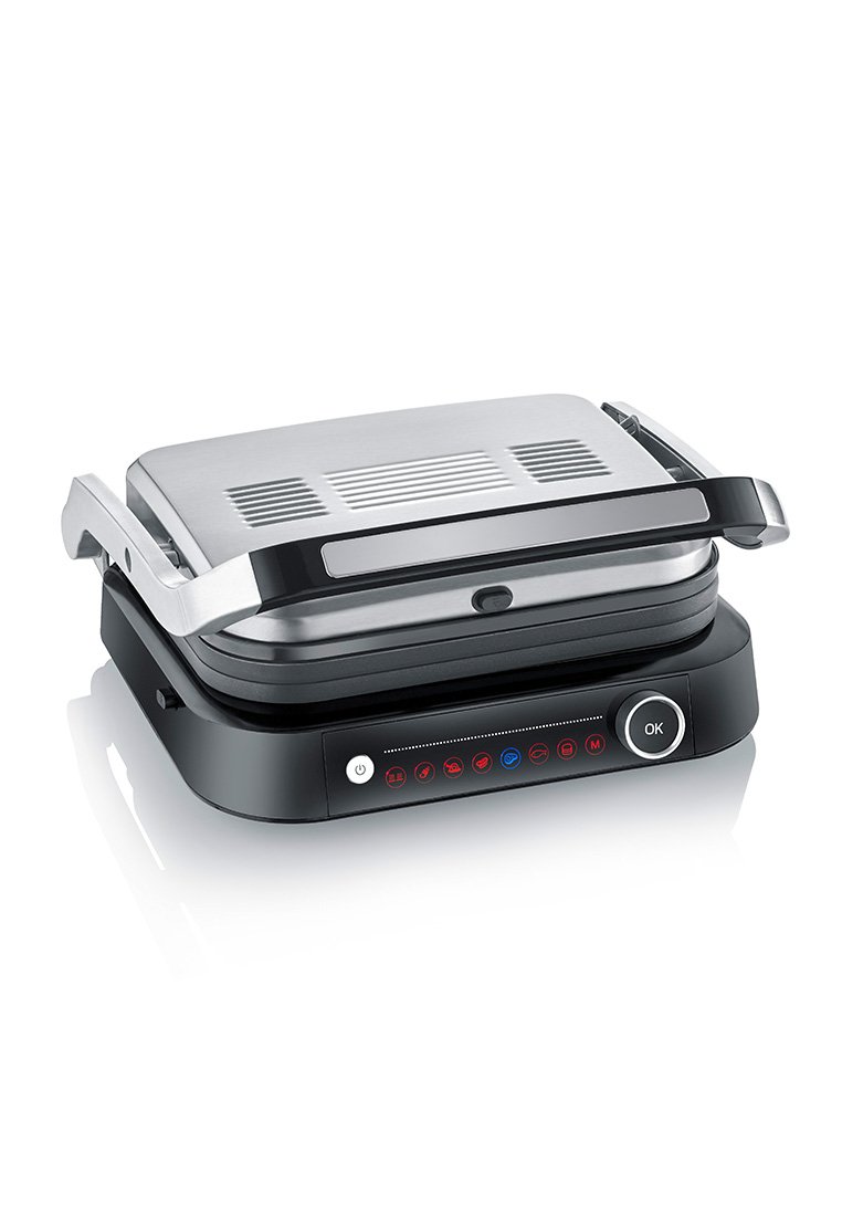 Elektrische roestvrijstalen grill met zwarte basis, bedieningspaneel met aan/uit-knop, temperatuurinstellingen en een OK-knop aan de voorkant.