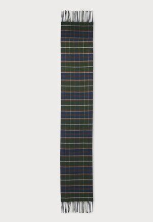 Longue écharpe rectangulaire à motif écossais vert foncé, bleu et marron avec des franges noires aux deux extrémités.