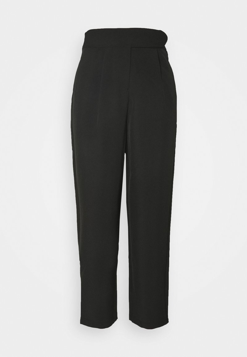 Schwarze Hose mit einem breiten Bund, mit Falten und geradem Beinansatz. Aus glattem Stoff, ohne sichtbare Muster oder Akzente.