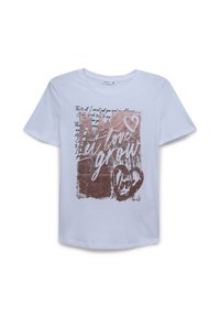 T-shirt di cotone azzurro chiaro con collo rotondo e maniche corte, caratterizzata da una stampa grafica marrone con testo e un design a forma di cuore.