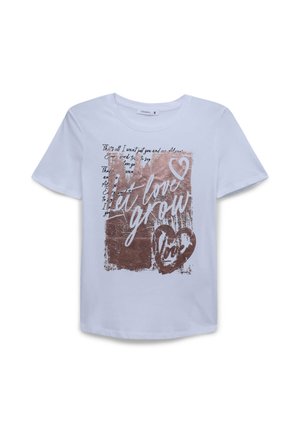 T-shirt di cotone azzurro chiaro con collo rotondo e maniche corte, caratterizzata da una stampa grafica marrone con testo e un design a forma di cuore.