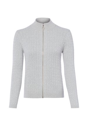 Lichtgrijze dames gebreide cardigan met volledige rits en ringtrekker, met een hoge kraag en kabelpatroon.
