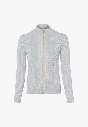 Lichtgrijze dames gebreide cardigan met volledige rits en ringtrekker, met een hoge kraag en kabelpatroon.