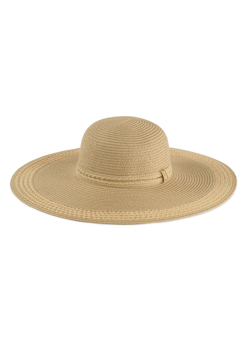 Szeroki kapelusz słomkowy w kolorze beżowym z fakturowanym, plecionym wzorem i plecioną opaską wokół korony. Gładkie wykończenie i zaokrąglony kształt.