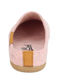 Pink felt slipper with a beige leather accent at the heel. The interior is soft, featuring a textured sole for grip.