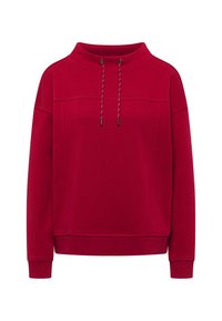 Czerwony sweatshirt z wysokim kołnierzem, akcentami ze sznurka i prążkowanymi mankietami. Posiada jednolity kolor i luźny krój.