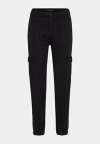 Pantalons cargo noirs avec des poches sur les côtés, une fermeture éclair aux chevilles et une fermeture à bouton. Fabriqués en tissu durable et lisse.