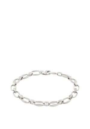 Bracelet chaîne en argent avec des maillons ovales allongés et un fermoir mousqueton sur fond blanc.