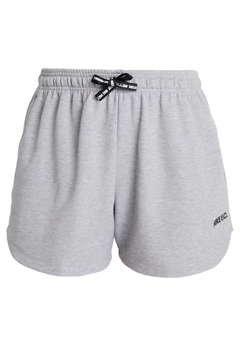 Shorts de sport gris clair avec taille élastique et cordon noir, avec petit logo "Nike F.C." sur la partie inférieure de la jambe droite.