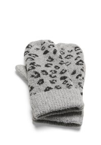 Sive pletene rukavice s crnim uzorkom leoparda, s teksturiranim završetkom i rebrastim odrezak za dodatnu toplinu.