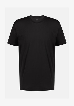 Zwarte crew neck t-shirt van katoen. Korte mouwen, losse pasvorm, gladde textuur, geen zichtbare patronen of versieringen.