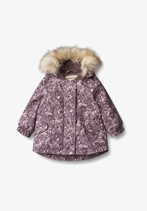 Lila, blumengemusterte Winterjacke mit einer Kapuze aus Kunstpelz, Druckknopfverschlüssen und zwei vorderen Taschen. Weiche, gesteppte Textur.