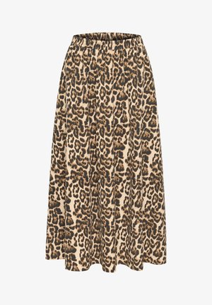 Maxirok met luipaardprint in beige en bruine tinten. Voorzien van een elastische tailleband en een vloeiende silhouet. Gemaakt van een lichte stof.