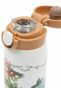 Ruostumattomasta teräksestä valmistettu vesipullo, jossa on valkoinen runko, ruskea käännettävä kansi ja läpinäkyvä suukappale, sekä kasvitieteellinen eläinsuunnittelu.