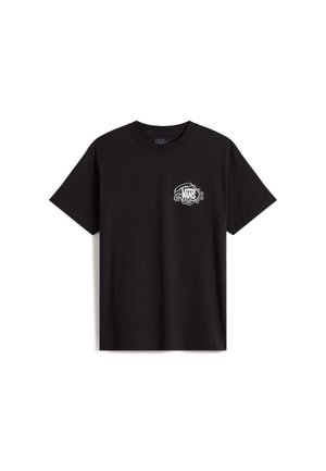Camiseta negra de Vans con pequeño logo gráfico blanco en el pecho izquierdo, que presenta texto estilizado y elementos decorativos.