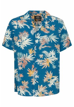 Kortärmad skjorta i mörkblått, med ett blommönster i vitt, orange och grönt. Knäppt fram med en camp collar-design.