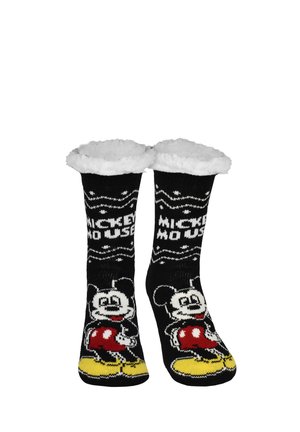 Calzini neri pelosi con polsini bianchi, raffigurante Topolino con pantaloncini rossi e scarpe gialle, con il testo "Topolino" sopra il personaggio.