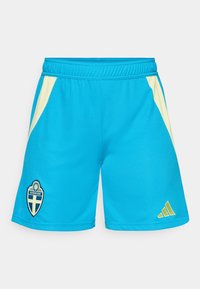 Tamsiai mėlynos sportinės šortai su geltonais akcentais, turintys siuvinėtą Sverige logotipą ir trijų juostų Adidas ženklą šone.