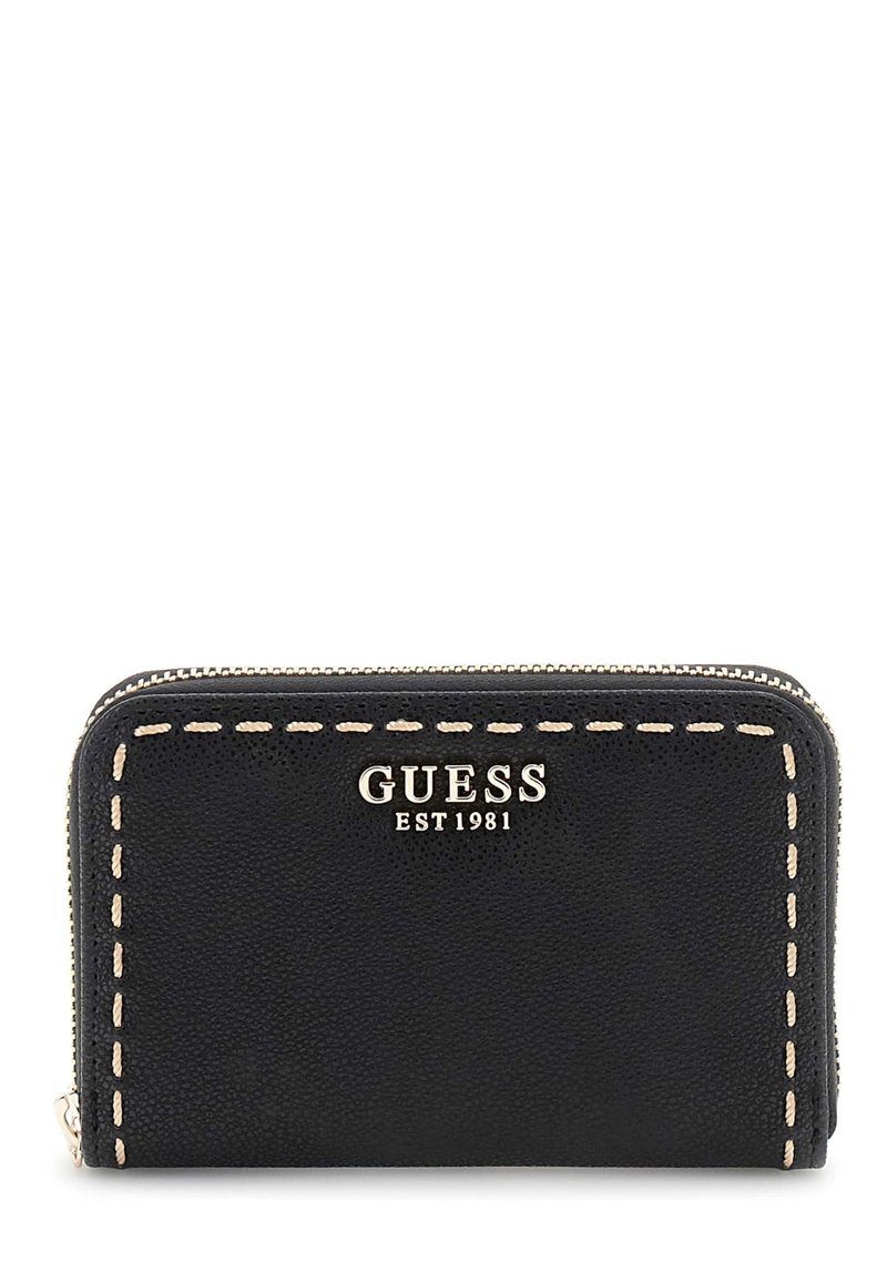 Portefeuille en cuir noir avec marquage doré, fermeture zippée et couture contrastante beige. Forme rectangulaire compacte avec surface texturée.