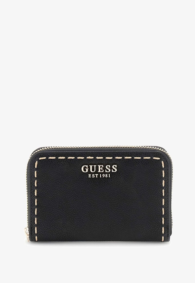 Portafoglio in pelle nera con branding dorato, chiusura a zip e cuciture beige a contrasto. Forma rettangolare compatta con superficie testurizzata.