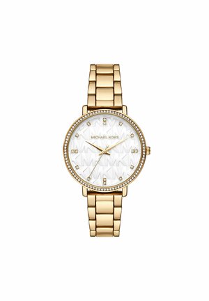 Gold-tone stainless steel watch with a round case, white patterned dial, crystal accents, and a metal bracelet strap. Marked "Michael Kors."