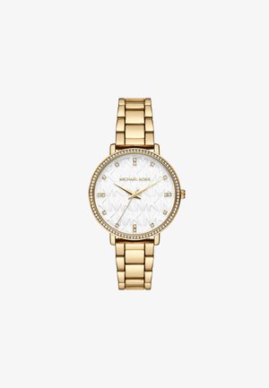 Gold-tone stainless steel watch with a round case, white patterned dial, crystal accents, and a metal bracelet strap. Marked "Michael Kors."