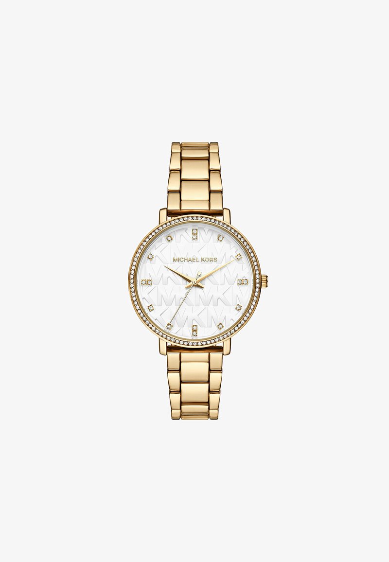 Gold-tone stainless steel watch with a round case, white patterned dial, crystal accents, and a metal bracelet strap. Marked "Michael Kors."