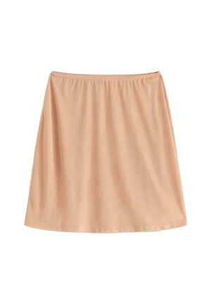 Beige sukně ke kolen vyrobená z hladkého, pružného materiálu s elastickým pasem a jednoduchým A-čkovým střihem. Žádné vzory ani akcenty.