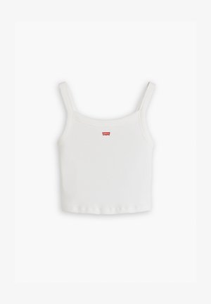 Top de alças finas, branco e canelado, com um pequeno logo vermelho da Levi's na parte da frente. Design simples e ajustado, com bainha reta.