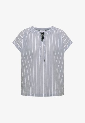 Blouse blanche à manches courtes avec fines rayures noires verticales, encolure ronde avec fente devant et liens à nouer.