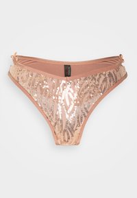 Parte de baixo de biquíni com lantejoulas numa cor rosa suave com um padrão geométrico. Apresenta alças laterais ajustáveis e uma textura suave.