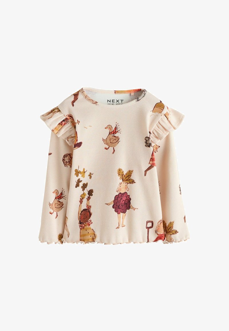Camiseta de manga larga para niños pequeños en color crema con detalles con volantes en los hombros y estampado otoñal de niños, hojas y patos.