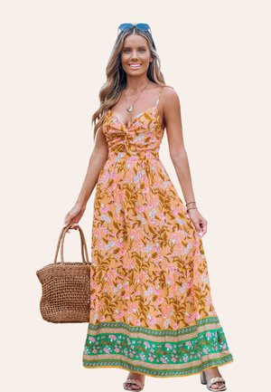 Robe maxi à motif floral avec un corsage à devant noué. Présente une palette de couleurs rose pâle et orange avec des bordures vertes et florales. Sac en toile.