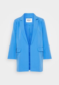 Modrý blazer s klopovým límcem, dlouhými rukávy a dvěma předními kapsami. Hladká textura a přizpůsobený design s otevřeným předním dílem.