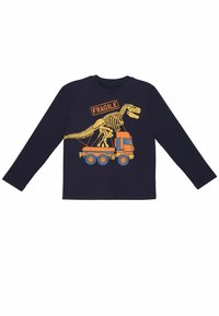 Dunkelblaue Langarm-T-shirt mit einem gelben Dinosaurier-Skelett-Graphic auf einem orangefarbenen Truck und dem Text "FRAGILE" auf einem orangefarbenen Etikett.